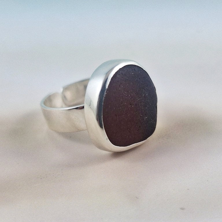 Adjustable Chuncky Brown Sea Glass Ring (medium)
