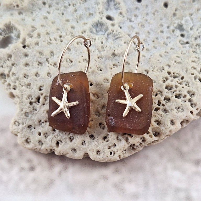 Amber Sea Glass and Gold Star Fish Charm Sleepers