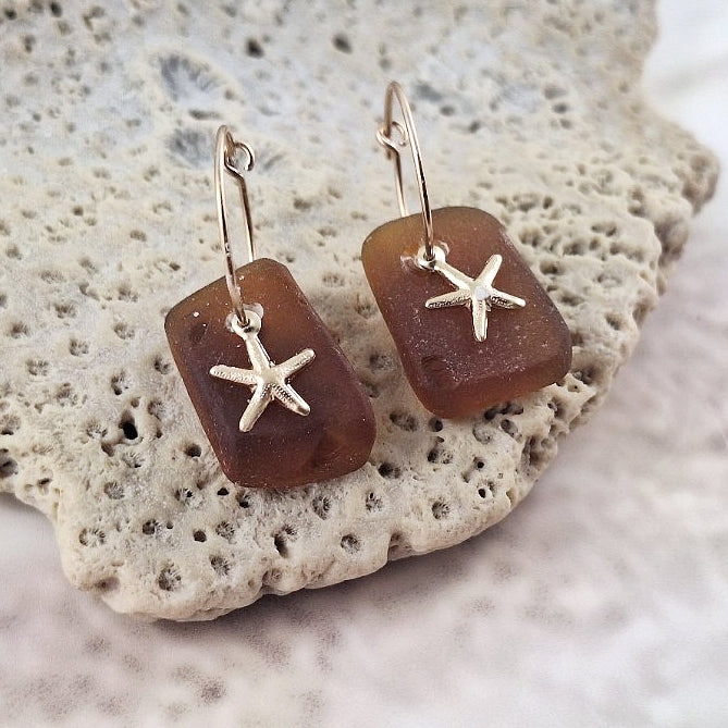 Amber Sea Glass and Gold Star Fish Charm Sleepers