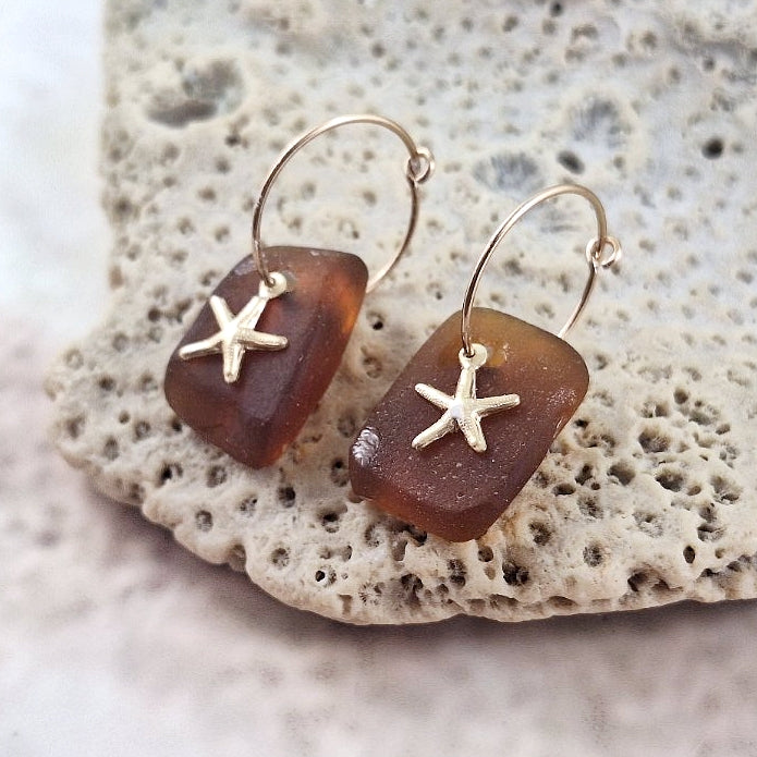 Amber Sea Glass and Gold Star Fish Charm Sleepers
