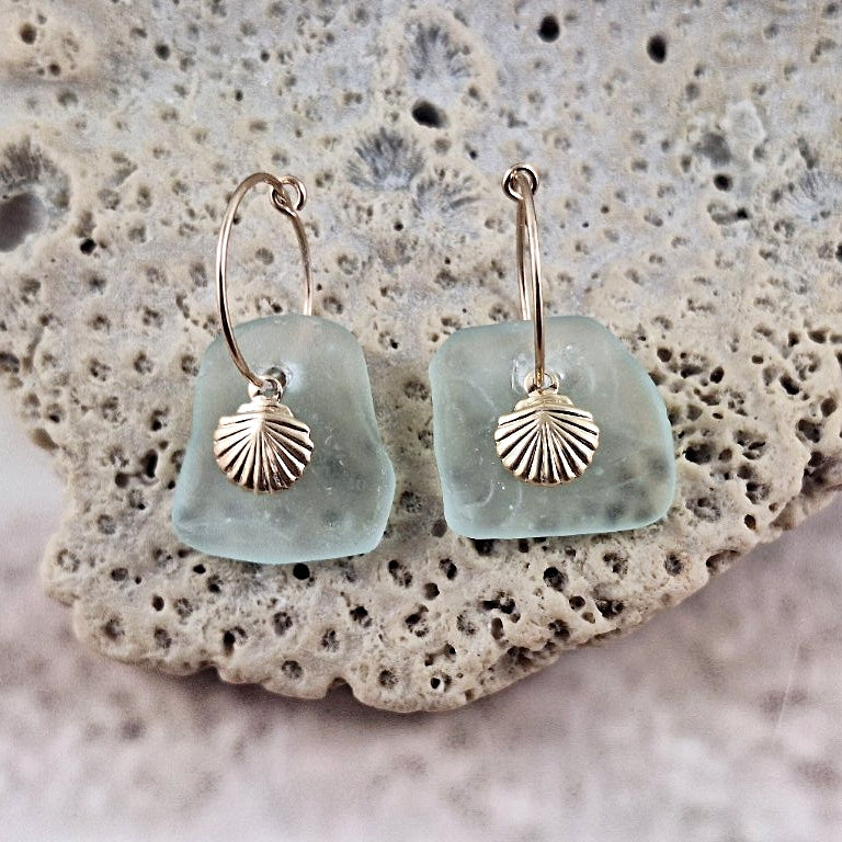 Aqua Sea Glass and Gold Shell Charm Earrings