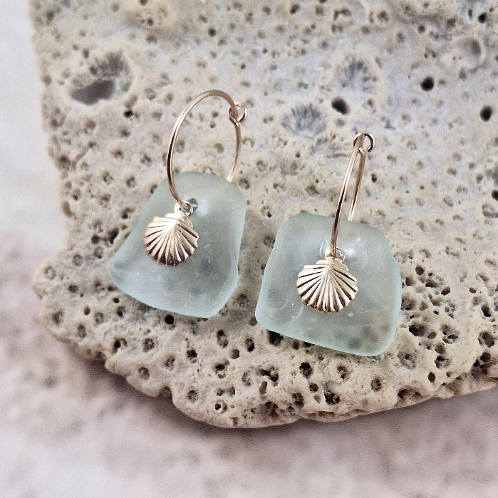 Aqua Sea Glass and Gold Shell Charm Earrings