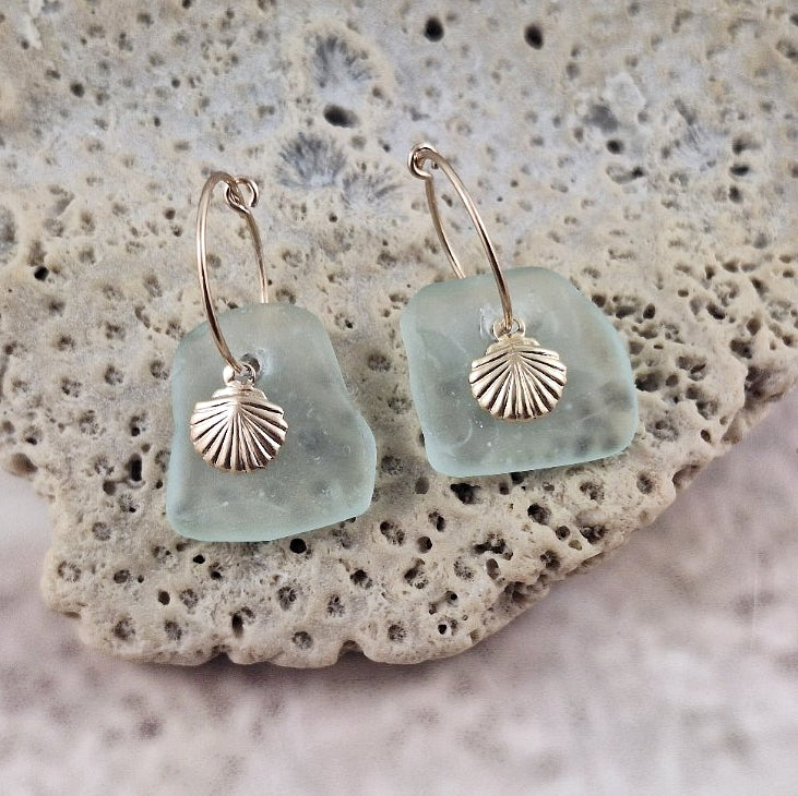Aqua Sea Glass and Gold Shell Charm Earrings