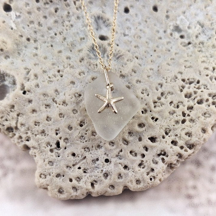 Sea Foam Sea Glass and Gold Star Fish Charm Necklace
