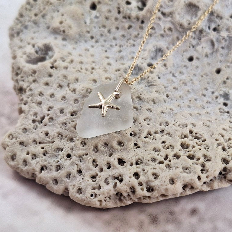 Sea Foam Sea Glass and Gold Star Fish Charm Necklace