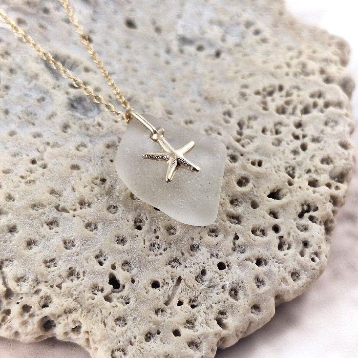 Sea Foam Sea Glass and Gold Star Fish Charm Necklace