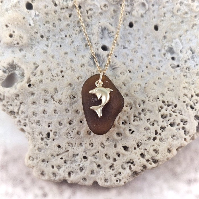 Brown Sea Glass and Gold Dolphin Charm Necklace