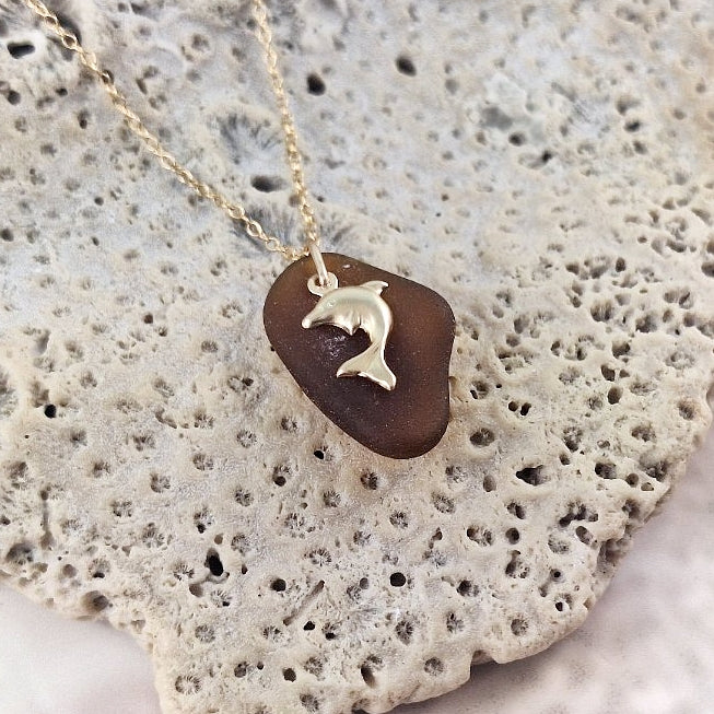 Brown Sea Glass and Gold Dolphin Charm Necklace