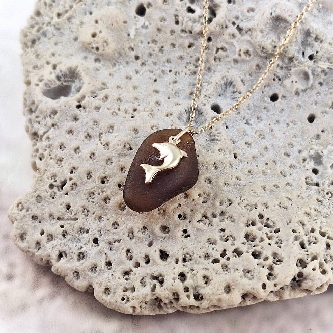 Brown Sea Glass and Gold Dolphin Charm Necklace