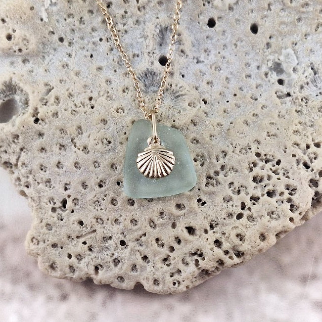 Aqua Sea Glass and Gold Shell Charm Necklace
