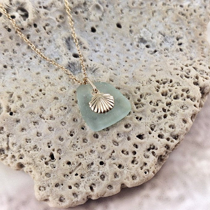 Aqua Sea Glass and Gold Shell Charm Necklace