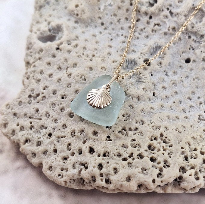 Aqua Sea Glass and Gold Shell Charm Necklace