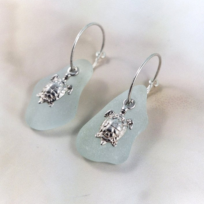 Turtle Charms & Sea Glass (sleeper earrings)