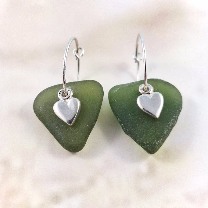 Love Heart Charms & Sea Glass (sleeper earrings)