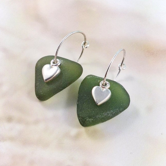 Love Heart Charms & Sea Glass (sleeper earrings)