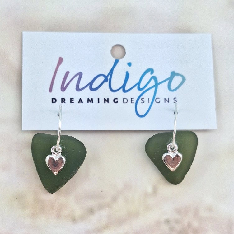 Love Heart Charms & Sea Glass (sleeper earrings)