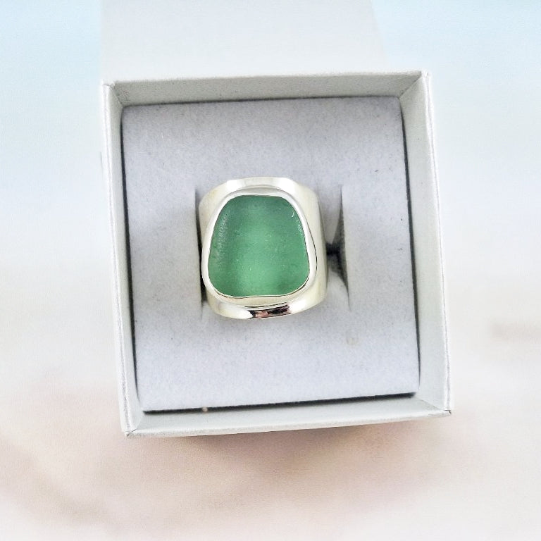 Adjustable Ring (small): Light Sea Whitch Green Sea Glass