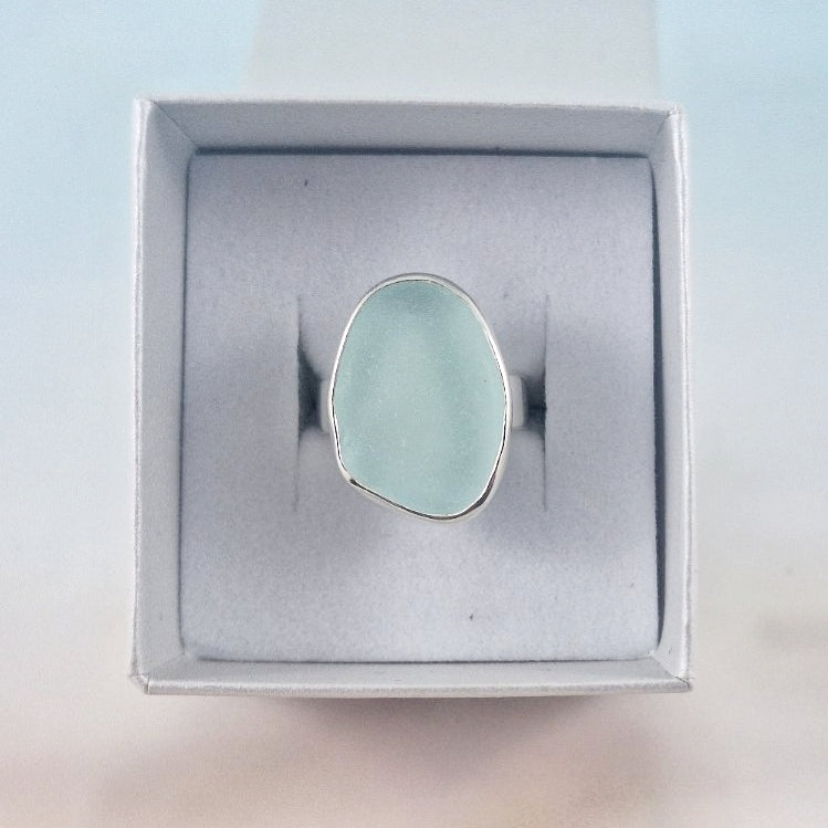 Adjustable Sea Foam Blue Sea Glass Ring (medium)