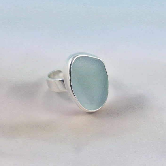 Adjustable Sea Foam Blue Sea Glass Ring (medium)