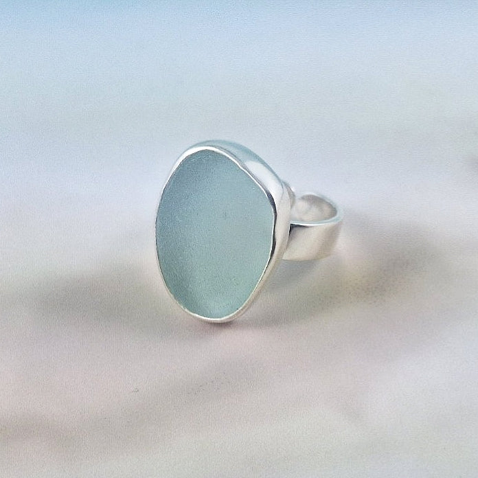 Adjustable Sea Foam Blue Sea Glass Ring (medium)