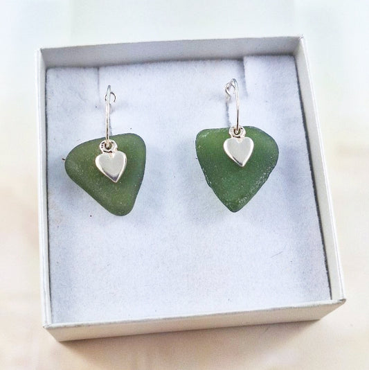 Love Heart Charms & Sea Glass (sleeper earrings)