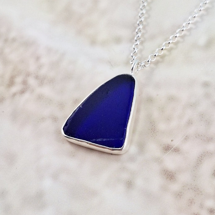 Deep Indigo Blue Sea Glass: Pendant & Chain (gift box)
