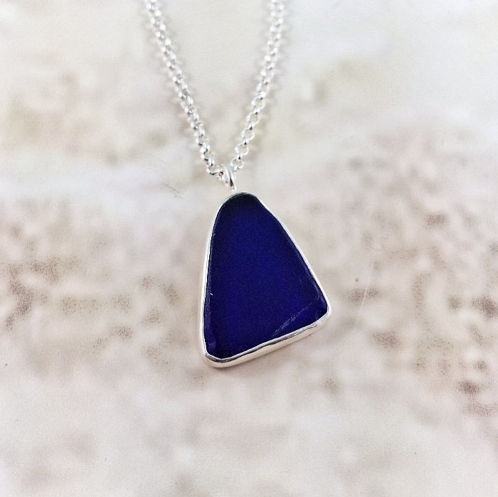 Deep Indigo Blue Sea Glass: Pendant & Chain (gift box)