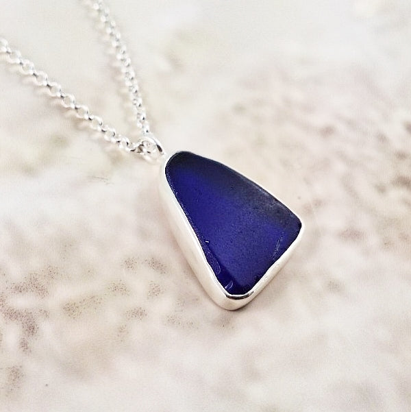 Deep Indigo Blue Sea Glass: Pendant & Chain (gift box)