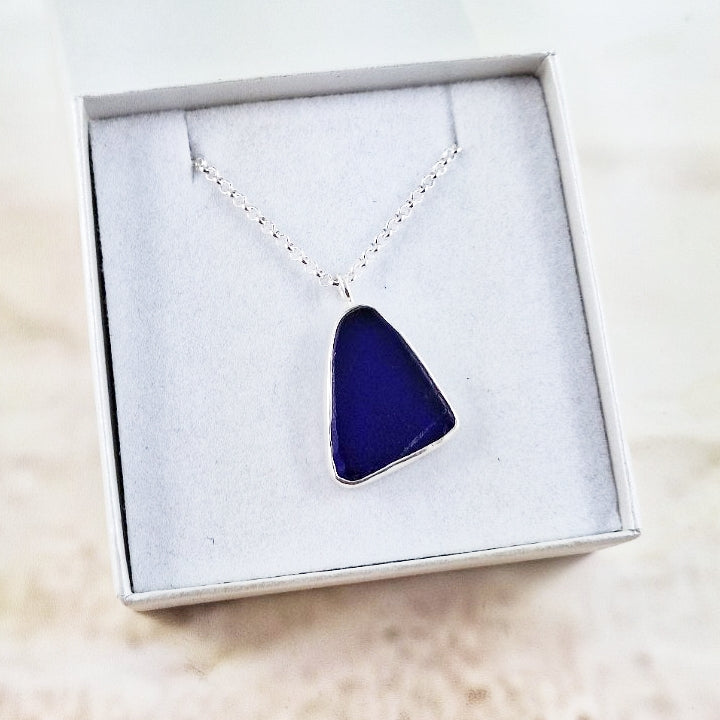 Deep Indigo Blue Sea Glass: Pendant & Chain (gift box)