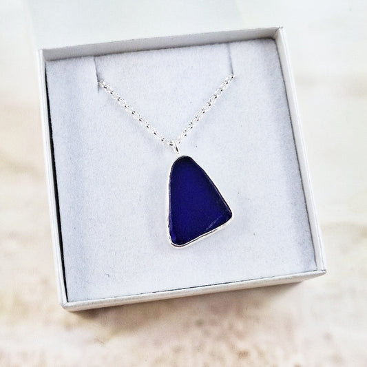 Deep Indigo Blue Sea Glass: Pendant & Chain (gift box)